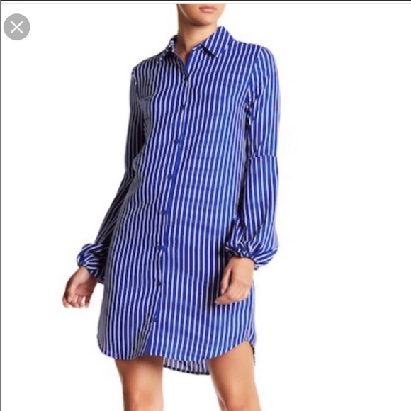 Leyden - Blue Stripe Shirt Dress w/Balloon Sleeves - Picture 1 of 5